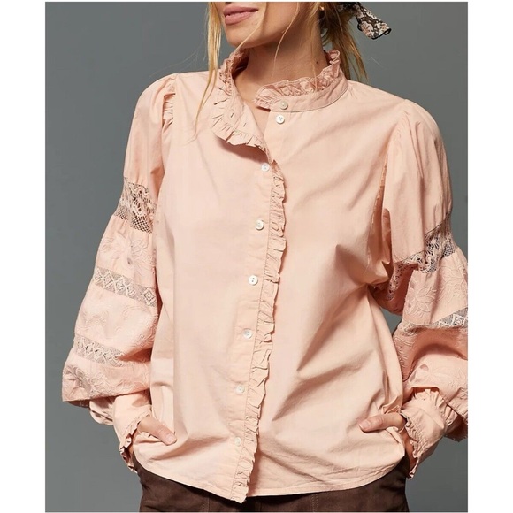 Anthropologie x Love The Label Puff Sleeve Lace Button Down Blouse NWT Size XS - Picture 2 of 12